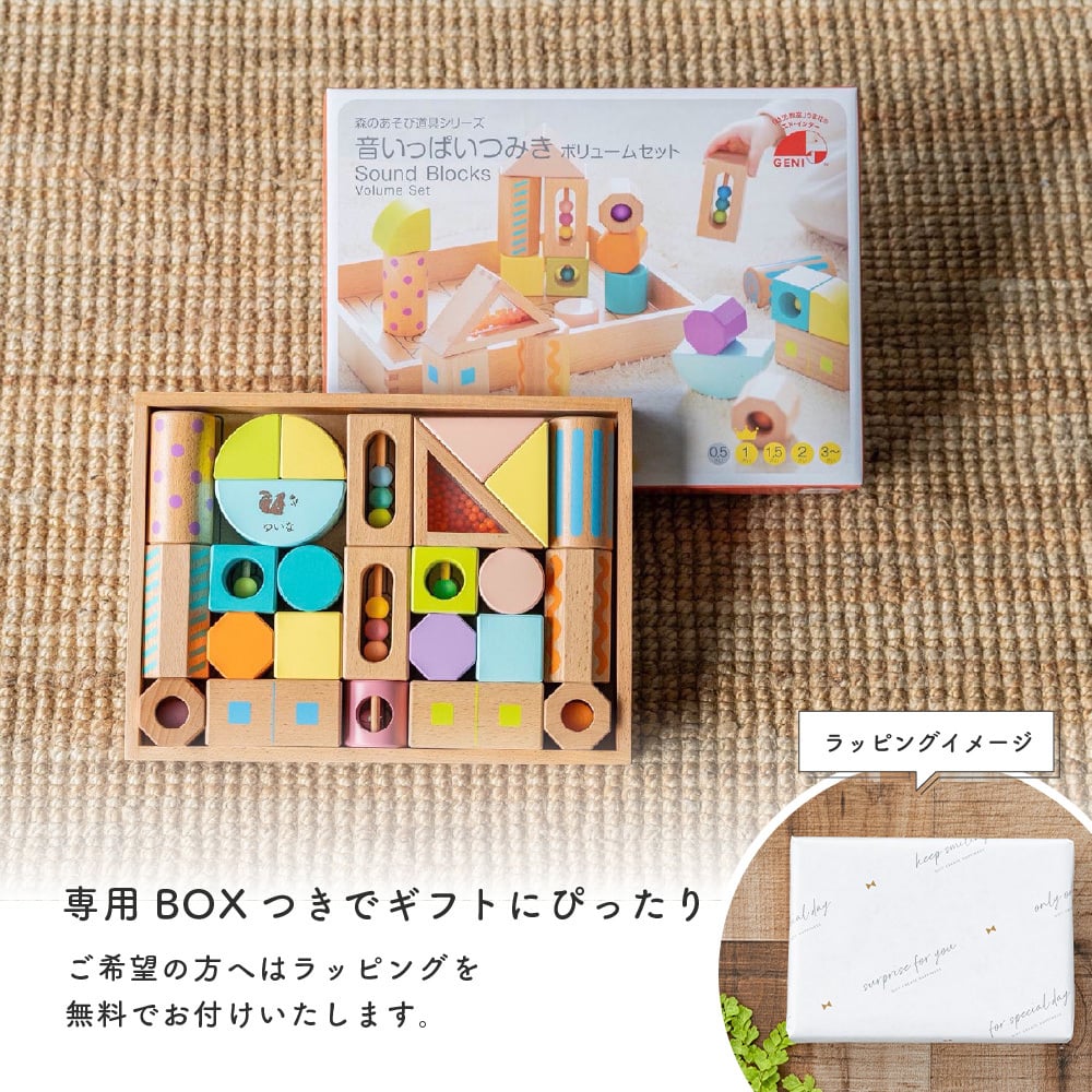 名入れ 音いっぱい つみき ボリュームセット 積み木 出産祝い エドインター 赤ちゃん 知育玩具 木のおもちゃ 男の子 女の子 プレゼント 型はめ パズル 誕生日 出産祝い 内祝い クリスマス ギフト ラッピング 無料 メッセージカード