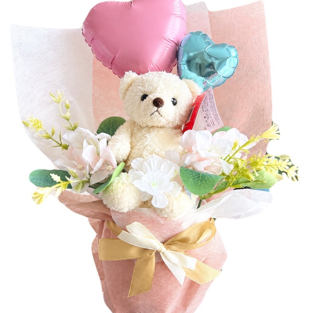 くま入り バルーンフラワーブーケ 花束 ハートバルーン ギフト 誕生日 プレゼント 発表会 卒業祝い 入学祝い 結婚祝い 記念日 女性 女友達 子供 お祝い ぬいぐるみ おしゃれ かわいい バルーンブーケ フラワーギフト ピンク ブルー ブラウン