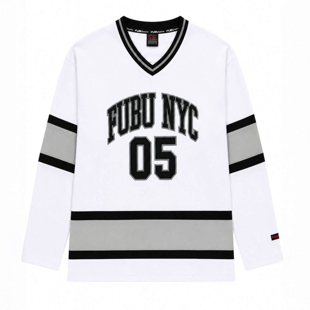 FUBU フブ ホッケーシャツ メンズ レディース fam-62712 ホッケージャージ ゲームシャツ 長袖 Vネック ナンバリング ロゴ プリント オーバーサイズ ストリート ヒップホップ ダンス カジュアル M L XL XXL 2026FW Karlas
