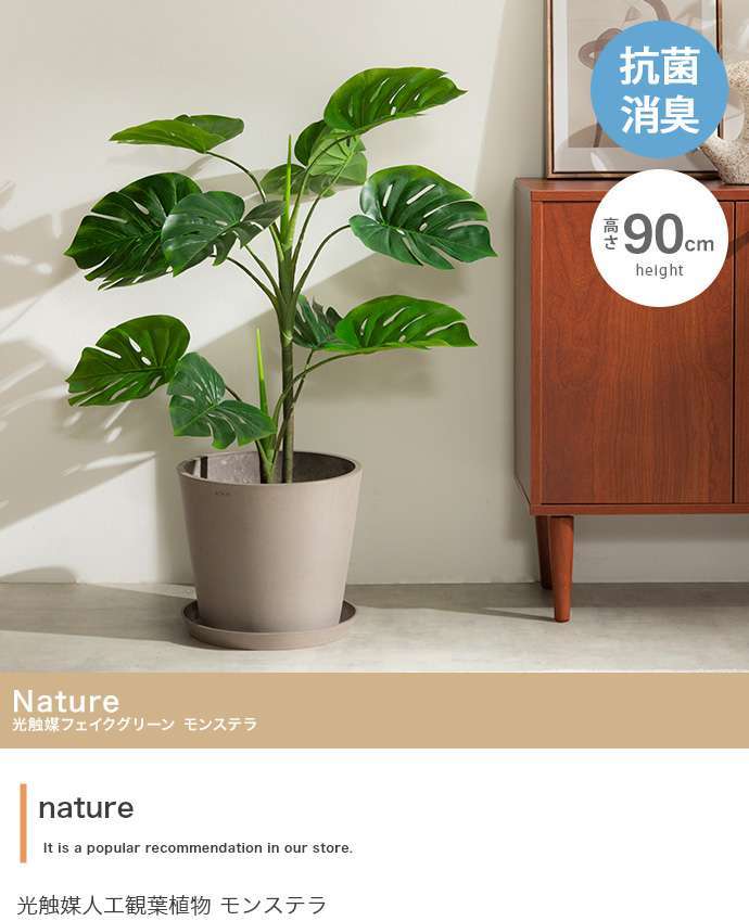 【高さ90cm】光触媒人工観葉植物 モンステラ 幅50cm×奥行50cm×高さ90cm リビング ダイニング 天然木 お部屋に気軽に飾れて空間を美しく彩るフェイクグリーン 本物の植物のようなリアルな質感とインテリアに馴染む風合いが魅力です