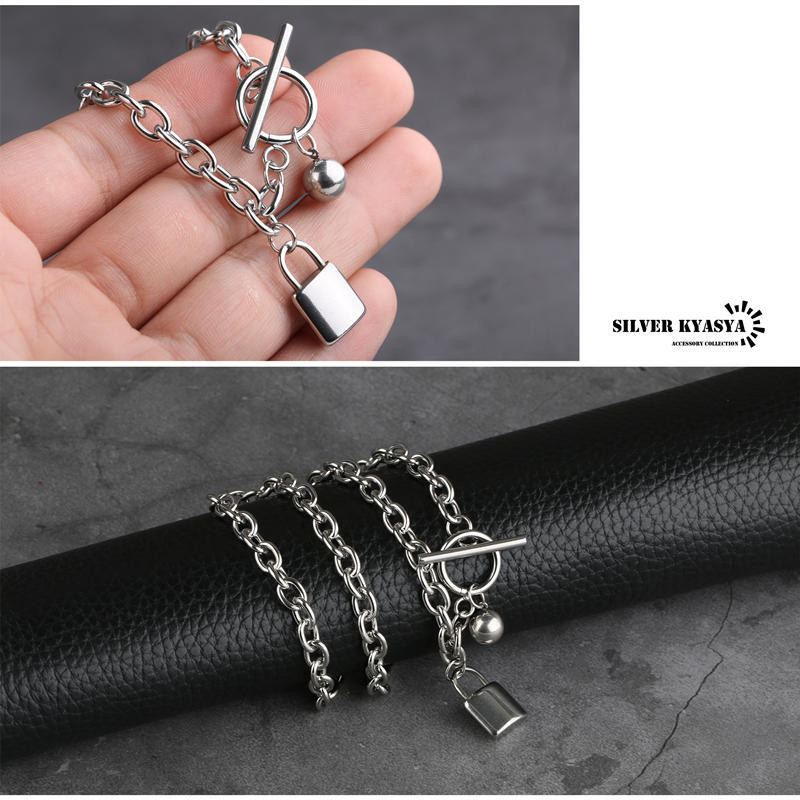 ステンレス マンテル チェーン ネックレス あずき 小豆 チェーン 錠前 南京錠 球体 オーブ チャーム silver シルバー 銀色 金属アレルギー対応 ロック rock ペンダント