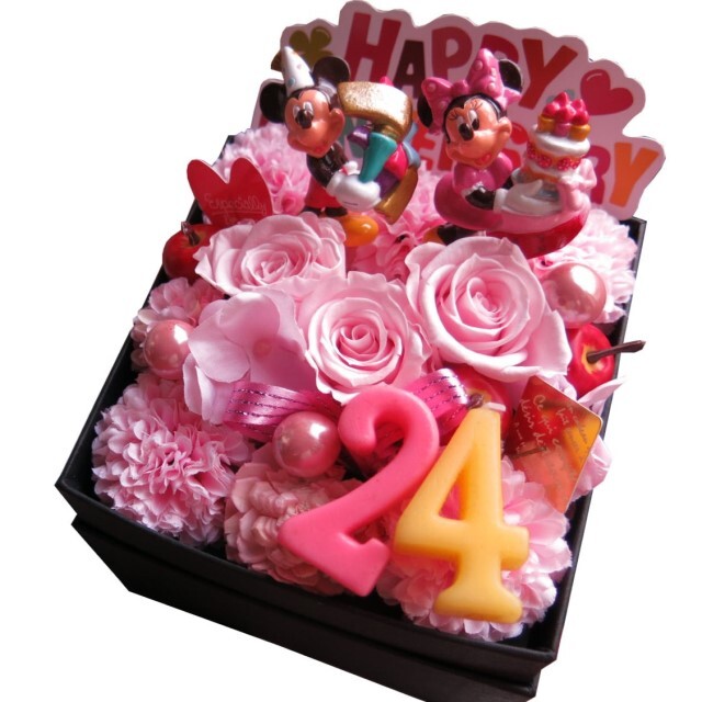 1周年 お祝い 記念日 ミッキー ミニー 花束風フラワーボックス ご希望数字入りプレゼント 箱を開けてサプライズ ピンクバラ プリザーブドフラワー入り