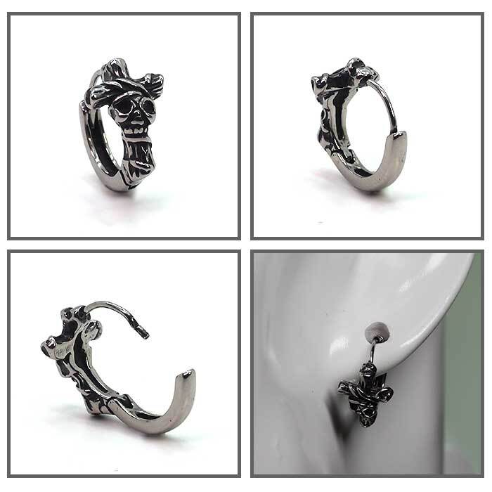 シルバーピアス スカル×クロス フープ（中折れ）ピアス 金属アレルギー対応ステンレス1P 片耳用 片方 シングル 骸骨 ドクロ 髑髏 輪 リング 輪っか 黒 ブラック アラベスク 男性用 アクセサリー かっこいい【全品1個ずつバラ売り】 プレゼント