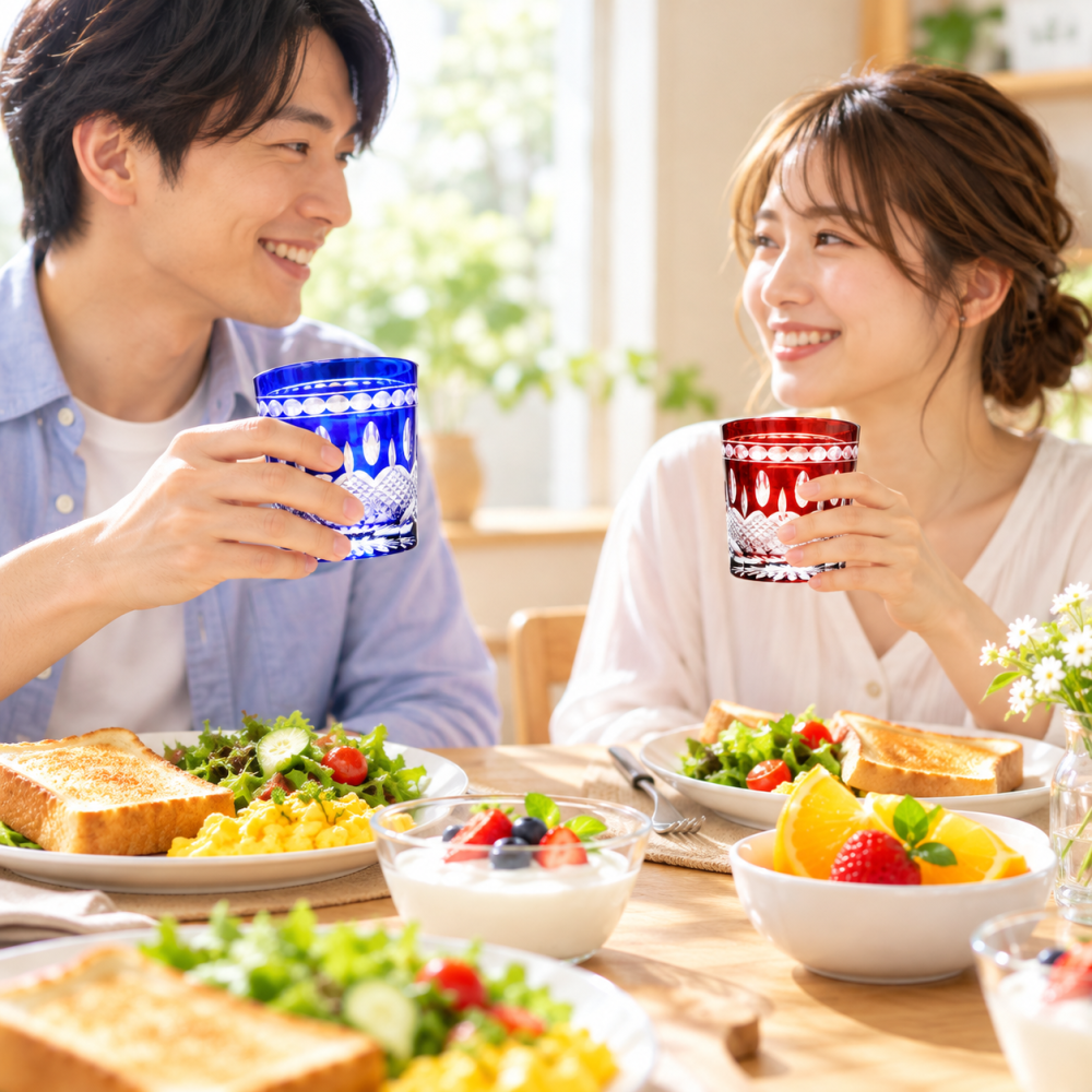卒業 退職 名入れ ギフト LXX ペア切子セット びーどろ浪漫 ロマノフメッシュ 赤 青 2点 木箱彫刻込み / プレゼント ギフト 夫婦 結婚 金婚式 銀婚式 退職 記念 敬老の日 長寿 祝い レッド ブルー 在庫処分特価