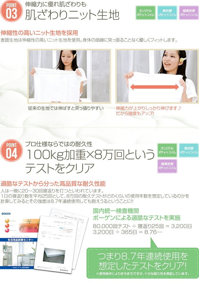 オリジナルポケットコイルマットレス 1つ1つのコイルが点で体を支える しなやかな寝心地 身体のラインにフィット 体圧を分散 横揺れが少ない 8万回の過酷な耐久テストをクリア 快眠 耐久性コイル 高反発ウレタン 肌触りの良いニット生地