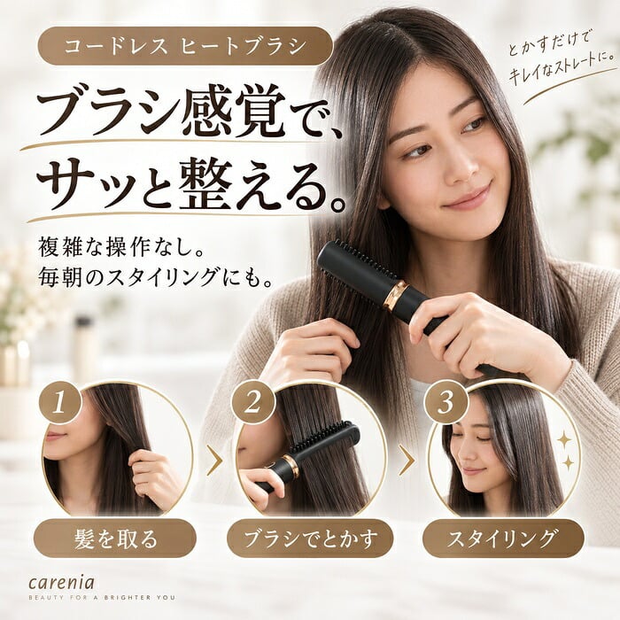 USB充電式 ヒートヘアブラシ slim / ヒートブラシ コードレス USB充電 ストレートブラシ ヘアアイロン コンパクト 4段階温度 キャップ付き 携帯用 旅行 外出先 時短 ヘアセット / とかすだけでサッと髪を整える 持ち運びやすいヒートブラシ
