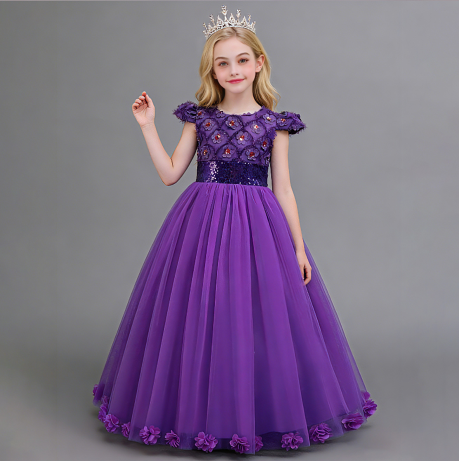 子供ドレス キッズドレス ロングドレス プリンセスドレス 発表会 結婚式 フォーマルドレス 女の子 ワンピース チュール 花柄 キラキラ お姫様ドレス 110～160cm パープル　ピンク　ブルー　レッド