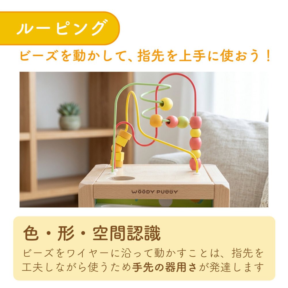 【名前入り】木のおもちゃ 知育玩具 アクティビティキューブ 木製スロープ フルーツ 果物 おもちゃ 1歳半 2歳 3歳 4歳 5歳 プレゼント 女の子 男の子 出産祝い 木製玩具 ルーピング 知育おもちゃ ウッディプッディ