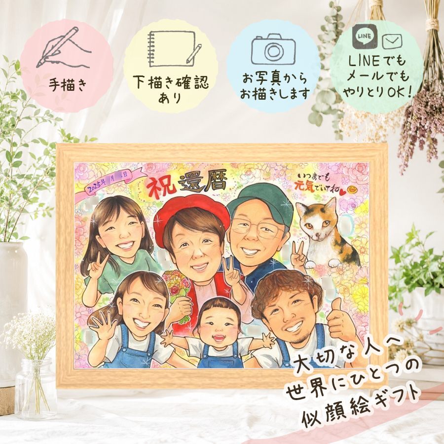 プレゼント 還暦 似顔絵 ギフト 贈り物 手描き 名入れ 還暦 誕生日 60歳 記念日 お祝い 大人数 両親 お母さん 家族 お父さん 下書き確認 名入れ 修正無料 似てる サプライズ 喜ばれる 宝物 還暦 思い出 長寿 60歳 闘病中の方への励まし 古希祝い メモリアルギフト 二次会 結婚祝い バレンタインデー キレイ 感動 ウェディングギフト 卒寿祝い 米寿祝い