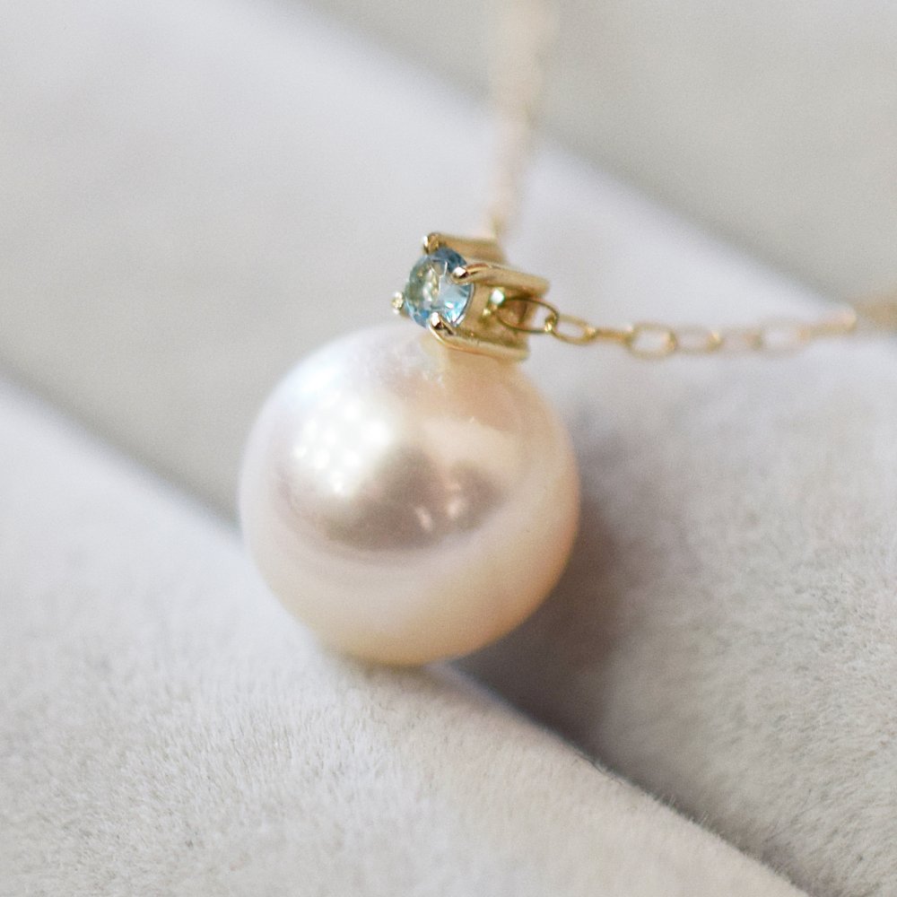 ［pearl607］8mm - 8.5mm ホワイトピンク ペンダント ネックレス 11月 誕生石 ブルートパーズ あこや真珠