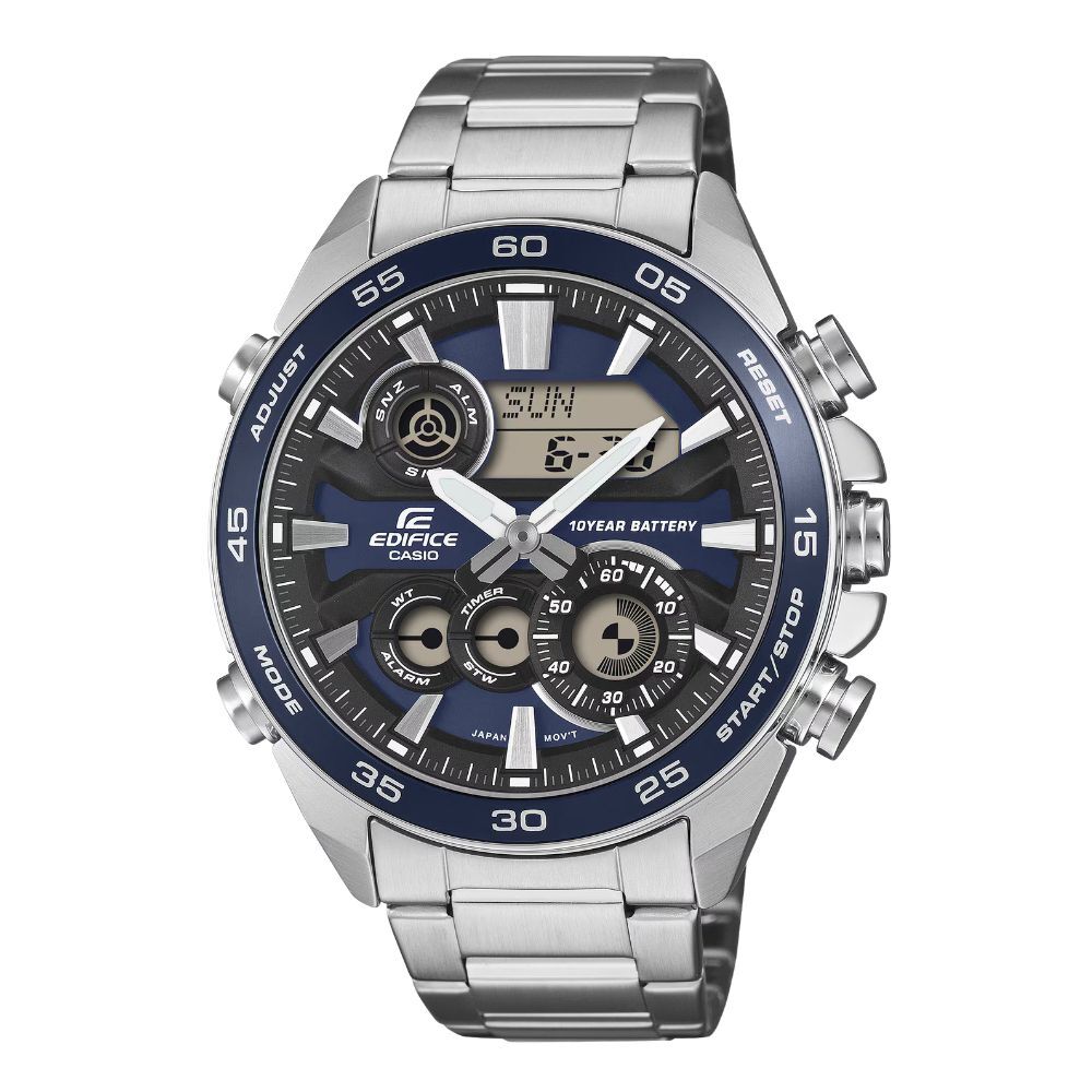 カシオ エディフィス 腕時計 メンズ ブルー シルバー アナデジ CASIO EDIFICE 海外モデル 10年電池 100m防水 ワールドタイム ストップウォッチ スーパーイルミネーター モータースポーツ プレゼント ギフト 成人 卒業 入学