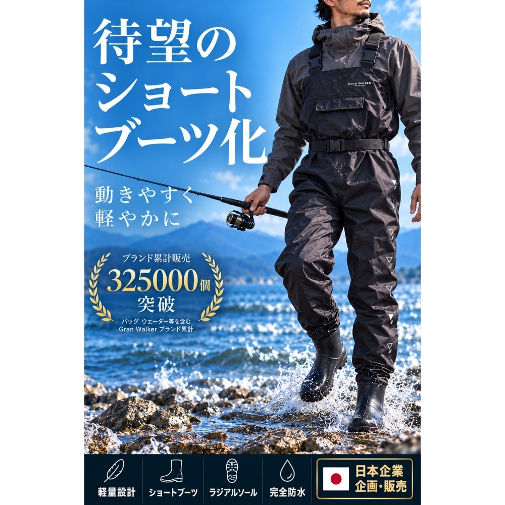 GranWalker グランウォーカー ショートブーツ チェストハイウェーダー ラジアルソール 軽量 完全防水 釣りグッズ 渓流 サーフ アウトドア用 キャンプ