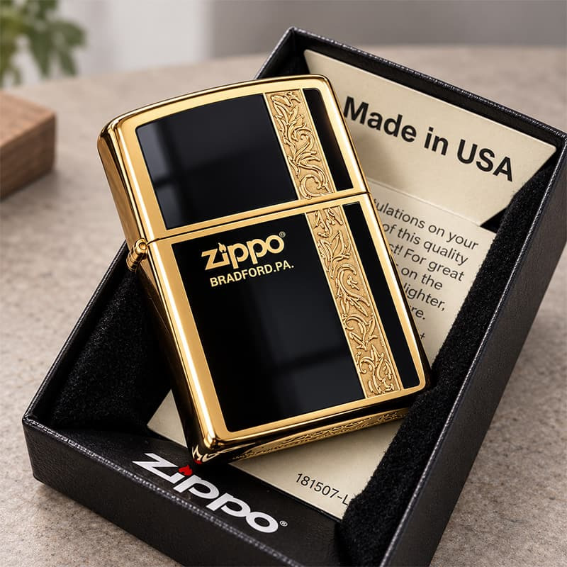 ZIPPO ライター シンプル アラベスク ライン入り ロゴ 金 両面加工 ジッポ ゴールド ブラック かっこいい メンズ プレゼント ギフト