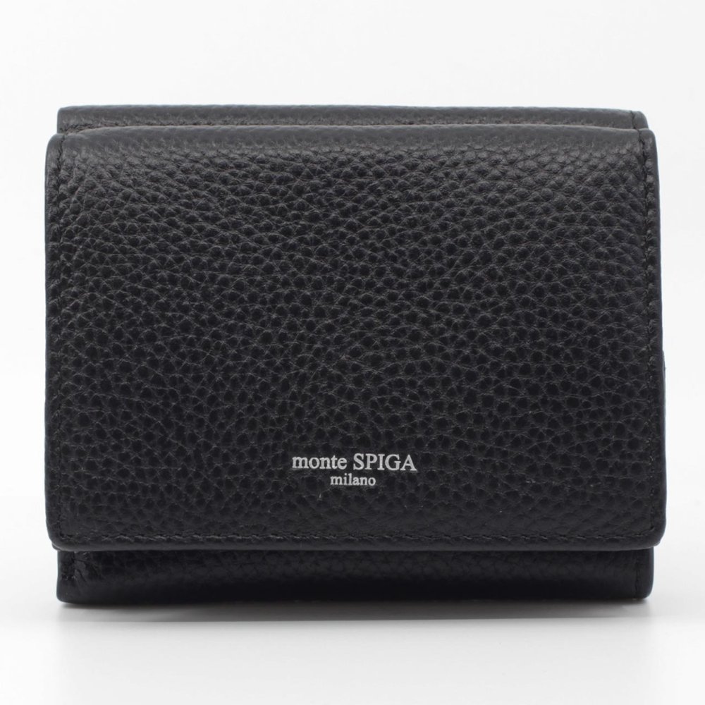 モンテスピガ　monte SPIGA　コンパクト財布　MOSMSP301BK　ブラック　黒　シュリンクレザー　牛革　三つ折り財布　トライフォード ウォレット