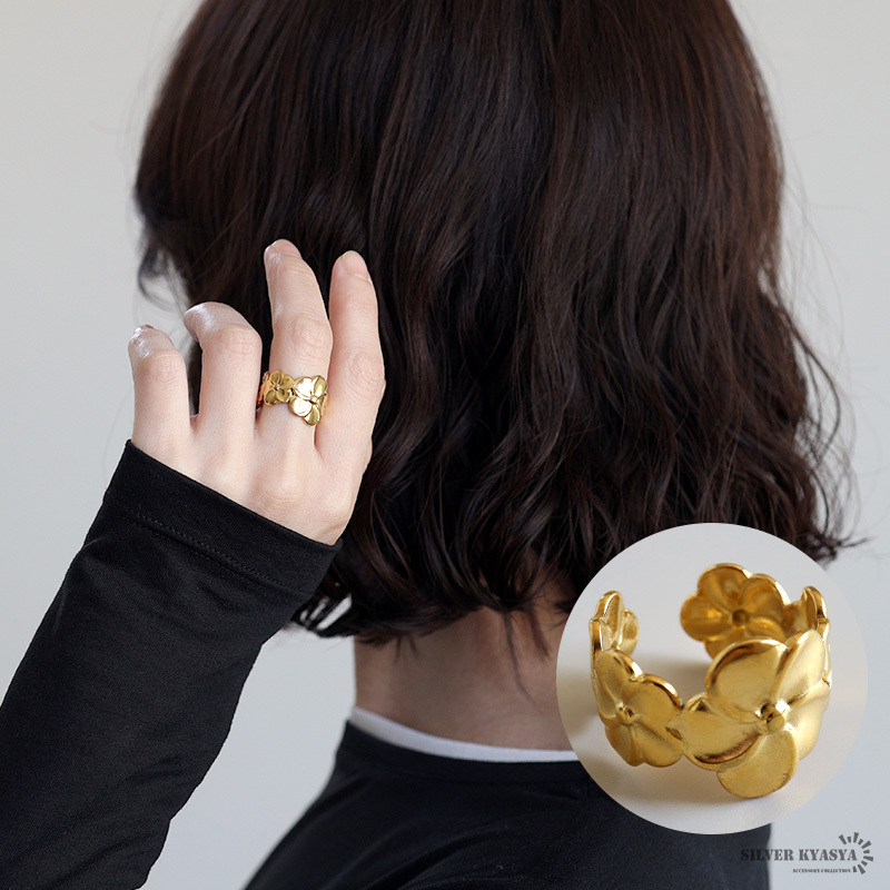 ステンレス 大きなお花のリング 2カラー フラワーリング 18KGP ゴールド gold シルバー 大ぶり オープンリング フリーサイズ レディース 女性 指輪 金属アレルギー対応