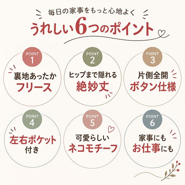 エプロン おしゃれ レディース 通販 かっぽう着 チュニックエプロン レディースエプロン あったかエプロン 割烹着 保育士エプロン ネコ柄アップリケ 裏フリース 暖かい部屋着 防寒ルームウェア 秋冬用 体型カバー 猫グッズ かわいい ルームウェア
