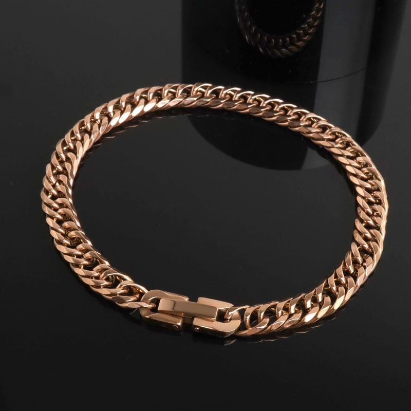 ステンレス 定番 ダブル喜平ブレスレット 幅6mm 細身 チェーンブレスレット メンズブレスレット 6面カット ピンク 細め シンプル 王道 中折れ式 存在感 男性 金属アレルギー対応