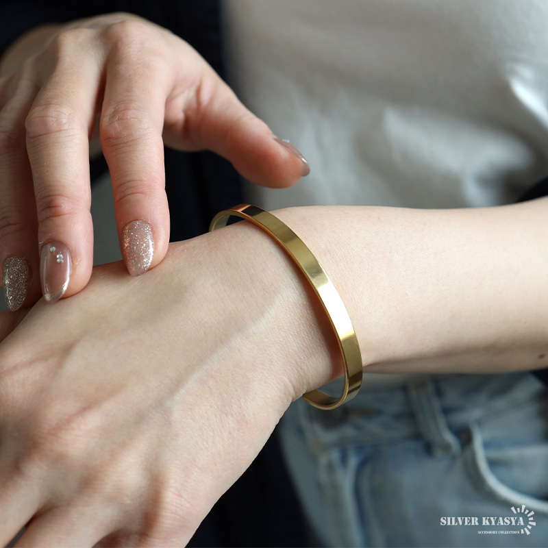ステンレス 幅6mm 平打ちバングル シンプル 4カラー ブレスレット レディース メンズ ユニセックス アクセサリー 手首 大人 きれいめ カジュアル ミニマル ベーシック 重ね付け おしゃれ デイリー 男女兼用 金属アレルギー対応