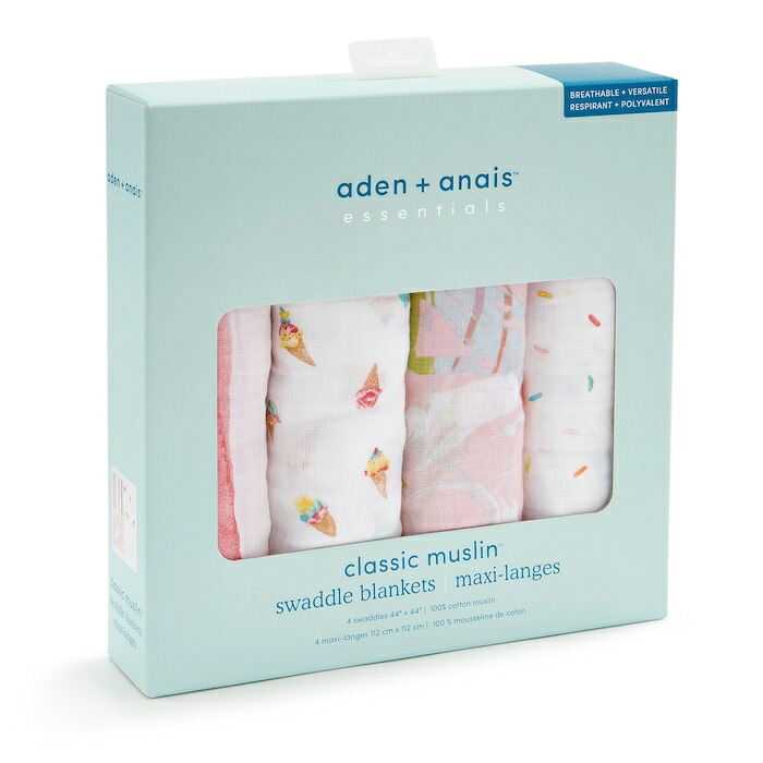 おくるみ スワドル 4枚セット 出産祝い aden+anais エイデンアンドアネイ アイスクリーム コットンモスリン ダブルガーゼ 大判 約112cm 新生児 退院 内祝い 出産内祝い 女の子 ギフト 専用ボックス入り ガーゼケット ブランケット 授乳ケープ おむつ替えシート プレイマット