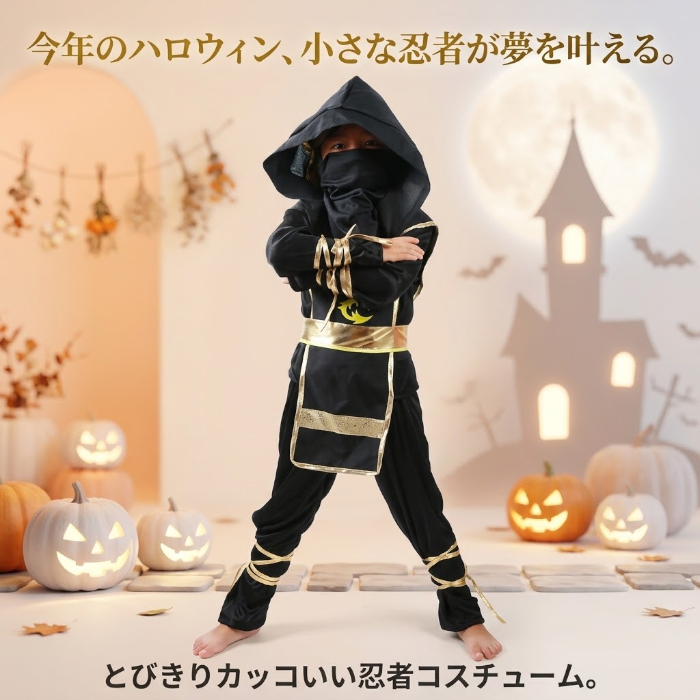 ハロウィン 衣装 子供 忍者 コスチューム キッズ 仮装 コスプレ 忍者仮装 忍者コスプレ 子供用 ハロウィンコスプレ 全身衣装 フード付き 龍柄 ドラゴン 黒 ブラック ゴールド なりきり衣装 イベント パーティー