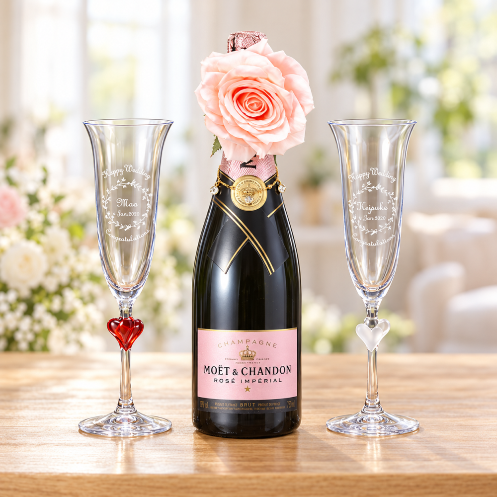卒業 退職 名入れ SXX ペア酒セット グラス モエ・エ・シャンドン ロゼ・アンペリアル 750ml & アモーレシャンパン 2点 ブレスレット・コサージュ付 布張りBOX入り / プレゼント ギフト 夫婦 結婚 金婚式 銀婚式 退職 記念 誕生日 長寿 祝い ハート 紅白