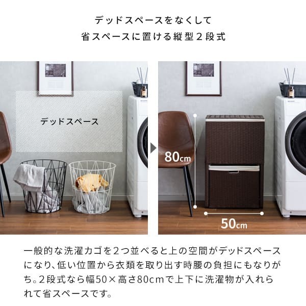 収納家具 ラック ランドリーボックス 収納 上下 2段 洗濯かご カゴ バスケット RB-500 スリム 縦型二段式 ラタン 軽量 キャスター付き フタ付 ふた付き 洗濯物入れ おしゃれ 分別 ランドリーバスケット 大容量 脱衣カゴ ランドリー収納