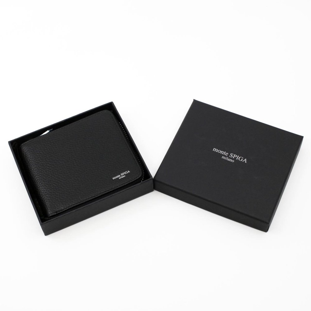 モンテスピガ　monte SPIGA　ラウンドファスナー 二つ折り財布　MOSMSP701BK　ブラック　黒　シュリンクレザー　牛革　ジップアラウンド ウォレット