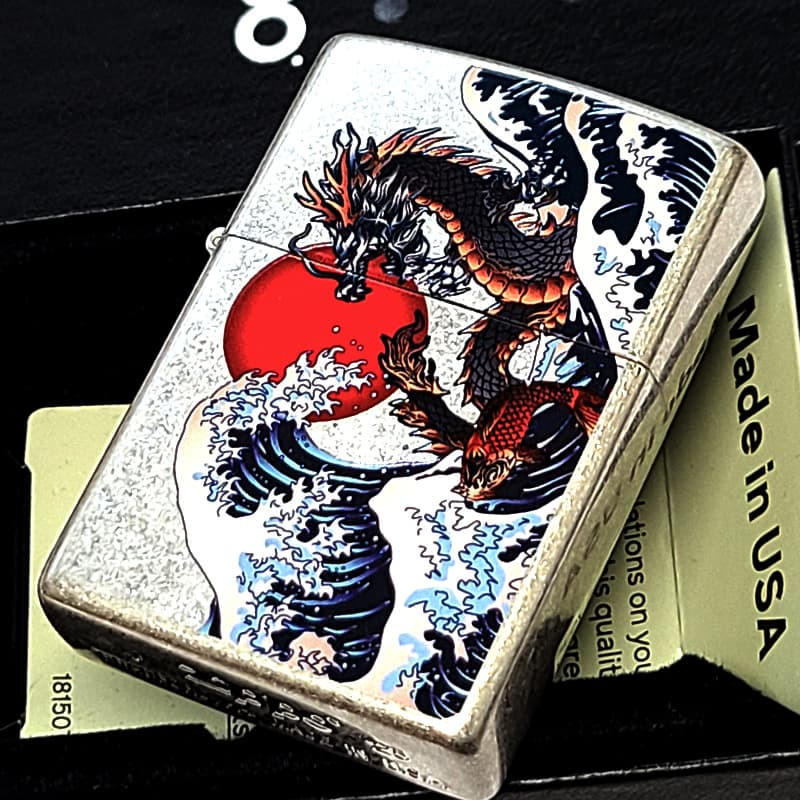 ZIPPO 和柄 波龍 ジッポ ライター アンティークシルバー バレル仕上げ かっこいい ドラゴン 和風 竜 お守り 銀 おしゃれ 渋い メンズ ギフト プレゼント