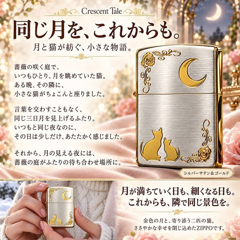 ZIPPO ライター ネコ シルバー ジッポ 猫 可愛い ゴールド 月 薔薇 銀金 女性 ねこ かわいい バラ ギフト プレゼント おしゃれ レディース
