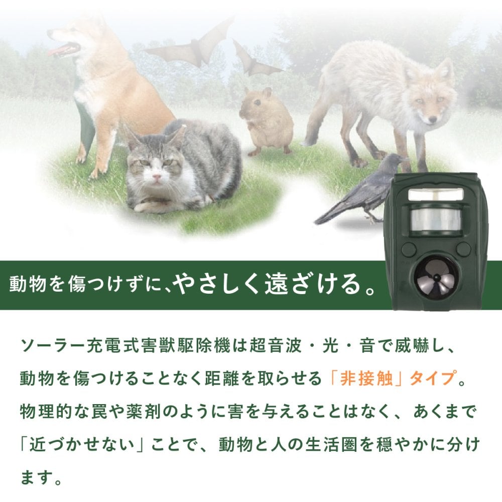 害獣対策 ソーラー充電式害獣駆除機 ファミラ 超音波 赤外線センサー ストロボ アラーム 13.5～45.5kHz 感知範囲最大8～9m 簡易防水 猫よけ 鳥よけ タヌキ ハクビシン 動物よけ 畑 庭 家庭菜園 駐車場 ガレージ 屋外
