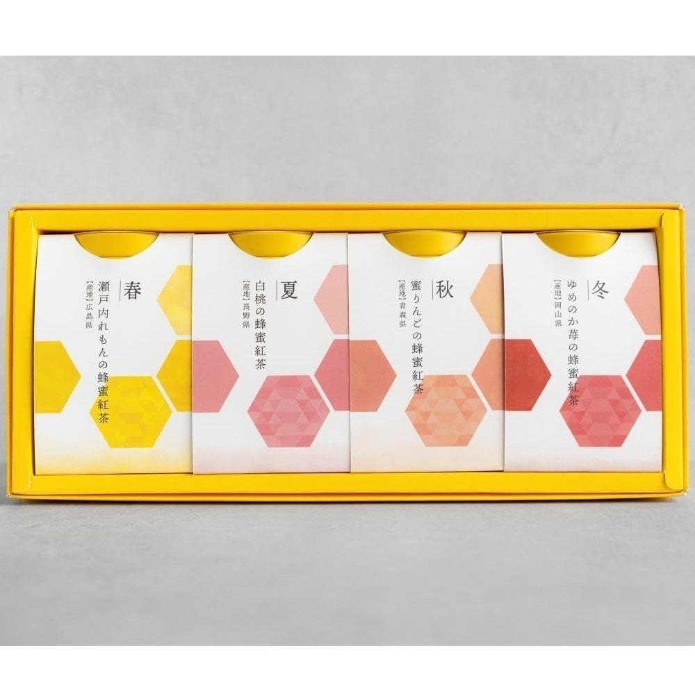 【選べる4缶】はちみつ茶葉園 プレミアム蜂蜜紅茶ギフトセット【春】 桜葉（静岡産）、瀬戸内れもん（広島産）【夏】 清見おれんじ（広島産）、白桃（長野産）【秋】 蜜りんご（青森産）、生姜（高知産）【冬】 苺（愛媛産）