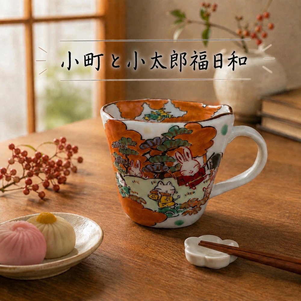 名入れ プレゼント ギフト 小町と小太郎 福日和 マグカップ マグカップ (単品/ペア)（和） 最速 | 名入れマグカップ 結婚祝い 名前入り 保温 冷温 誕生日 誕生日 還暦祝い 父 母 男性 女性 お祝い 長寿祝い 友人 敬老の日 夕立窯