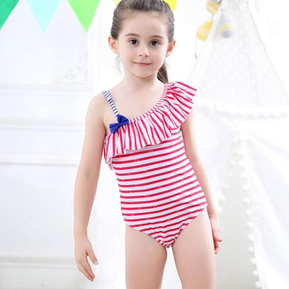 キッズ 水着 女の子 ワンピース ストライプ フリル カラー: レッド／ブルー 身長: 100cm／110cm 子供用 こども ジュニア 女児 かわいい おしゃれ 保育園 幼稚園 小学生 海 プール 水遊び 夏休み レジャー スイムウェア 夏 初夏の準備