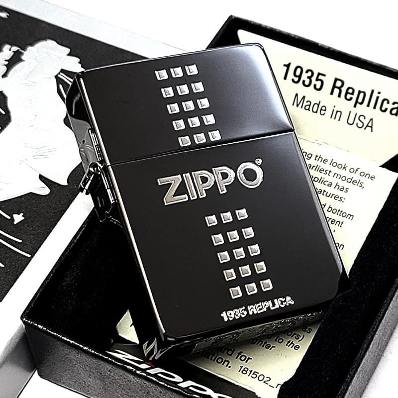ZIPPO 1935 ジッポ ライター ロゴ ブラックニッケル 黒 角型 外ヒンジ 3バレル エッチング彫刻 銀差し シンプル かっこいい 高級 ギフト メンズ プレゼント