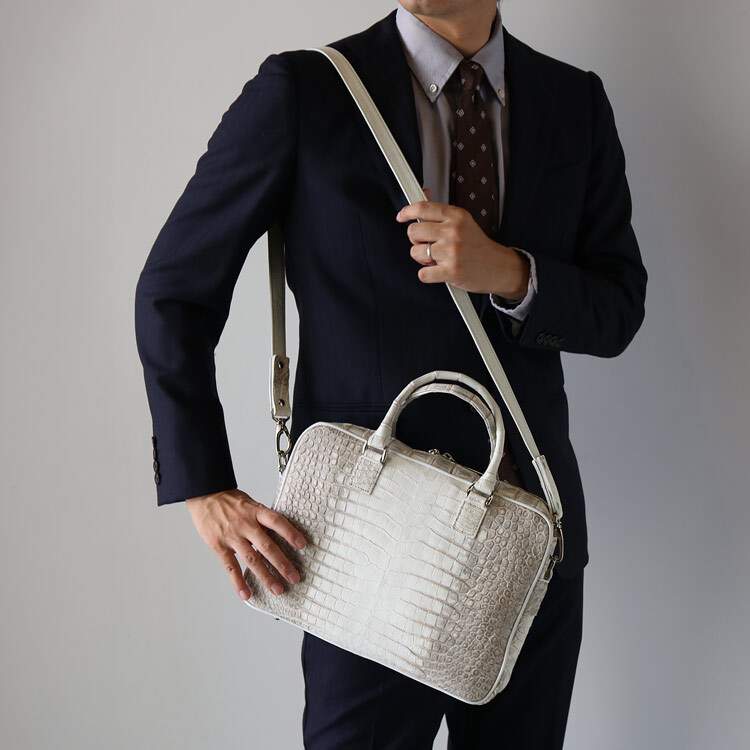 ブリーフバッグ メンズ ポロサス スモールクロコダイル ワニ革 ヒマラヤクロコダイル ヒマラヤポロサス センター取り 日本製 2way バッグ ビジネスバッグ 鞄 ギフト プレゼント 4F (06002010-mens-1r)
