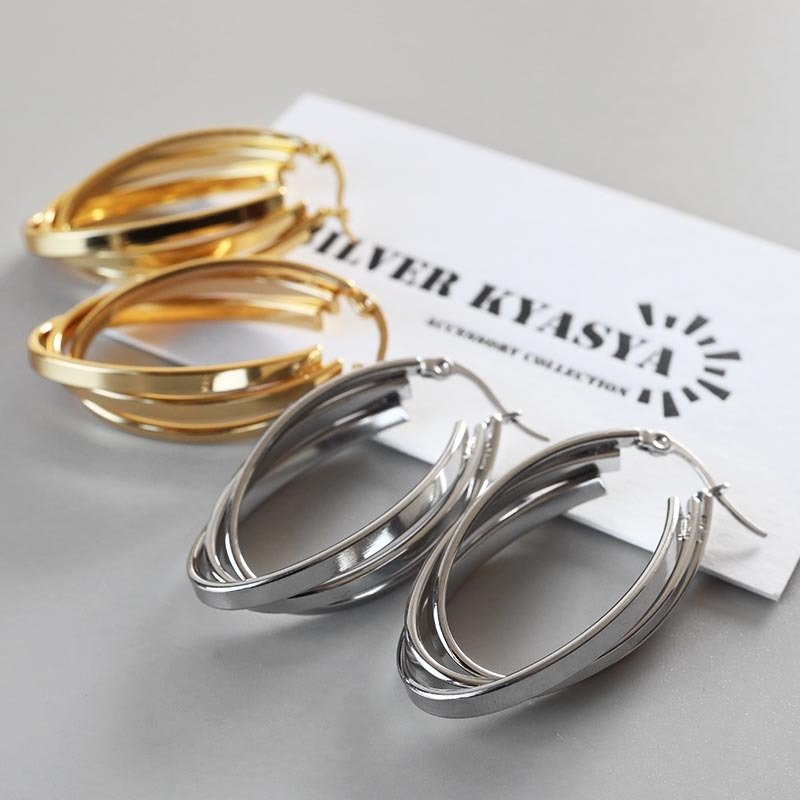 ステンレス 超大ぶりピアス 3連ピアス ツイストピアス フープピアス ゴールド シルバー プチプラ 大きめ 存在感 メタル ワイド 両耳2点 レディース 女性 金属アレルギー対応 イヤリング