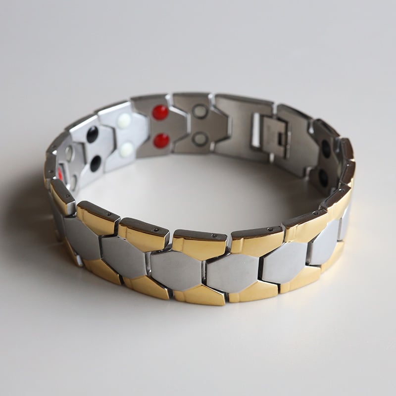 ステンレス 磁気ブレスレット 幅18mm メンズ ワイド 六角形 幾何学デザイン バイカラー ボリューム 太め 存在感 大人 カジュアル きれいめ ストリート モード 男性 手元 アクセサリー ファッション 金属アレルギー対応