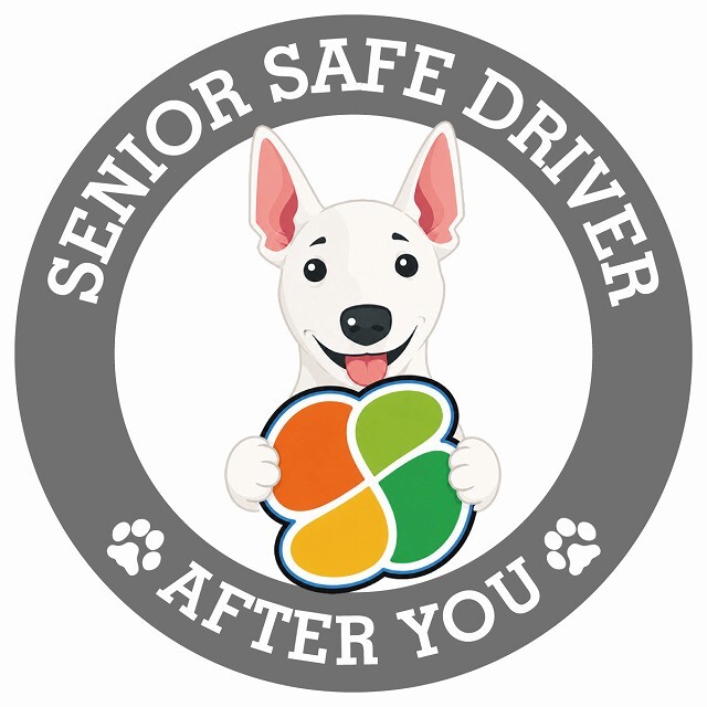 カーサイン 高齢者マーク SENIOR SAFE DRIVER ミニチュアブルテリア ステッカー シール 直径13cm 肉球 日本製 車