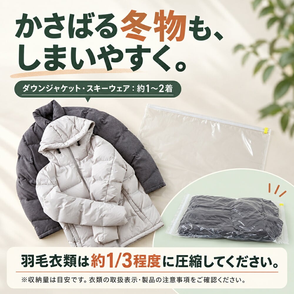 掃除機不要 大きめ衣類の圧縮袋2枚組 / 圧縮袋 衣類圧縮袋 布団圧縮袋 掃除機不要 手押し圧縮 大容量 収納袋 衣替え ダウンジャケット セーター 毛布 タオルケット 省スペース 2枚セット /掃除機なしで上から押すだけ