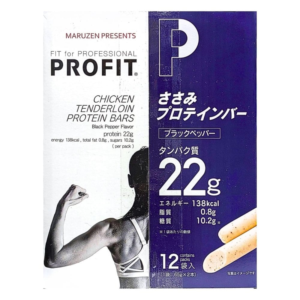 丸善　PROFIT　ささみプロテインバー　ブラックペッパー味　1560g(130g×12袋)　1袋に65g×2本入り　タンパク質22g　日本製　#67608　低カロリー　高タンパク　スポーツ　健康志向　おやつ　まとめ買い [賞味期限:202611.07迄]