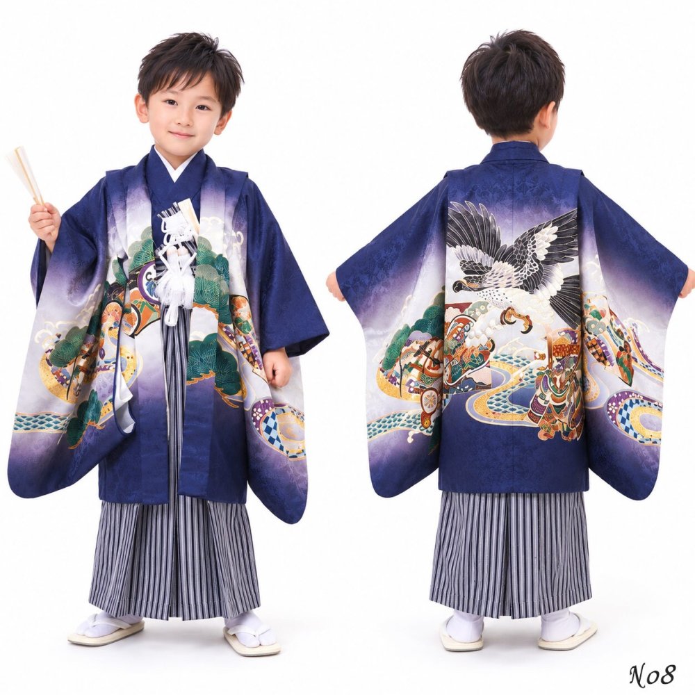 七五三 着物 男の子 5歳 袴 PO-120 購入 販売 鷹兜松 鷹 兜 男児 753 羽織袴 羽織 袴セット 男の子袴 セット 和装 レトロ 龍 子供 五歳 5才 お正月 ボーイズ