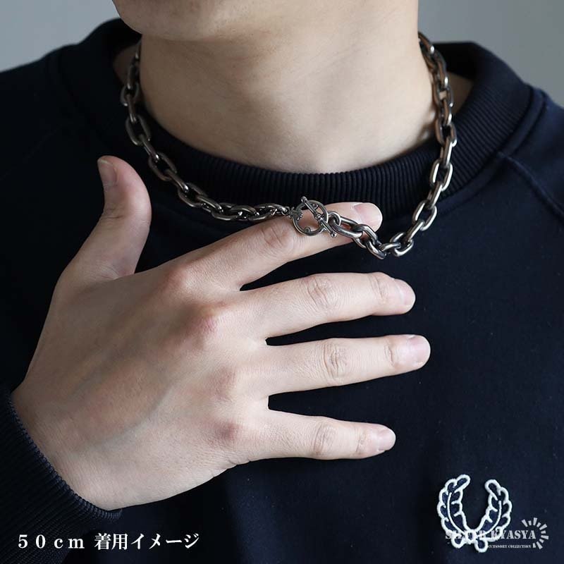 チタン製 軽い あずきチェーンネックレス 長小豆 マンテルネックレス チタンネックレス 幅10mm シルバー 燻し風加工 つけっぱなし メンズ 男性 金属アレルギー対応