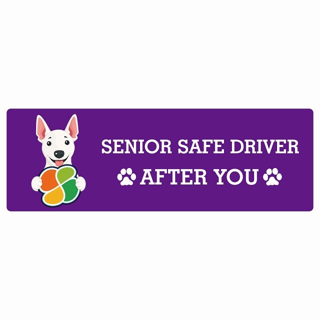 カーサイン 高齢者マーク SENIOR SAFE DRIVER ミニチュアブルテリア ステッカー シール 長方形 15x5cm 肉球 日本製 車