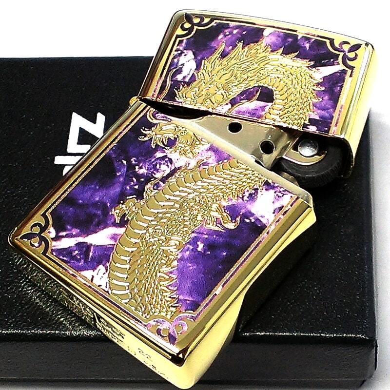 ZIPPO ライター 龍 一点物 レアナンバー [No.77]  限定88個 絶版 ジッポ ドラゴン シリアルナンバー入り 彫刻 廃盤 パープル かっこいい 金タンク ゴールド 両面加工 竜 八 和柄 紫 おしゃれ 御守り メンズ ギフト プレゼント