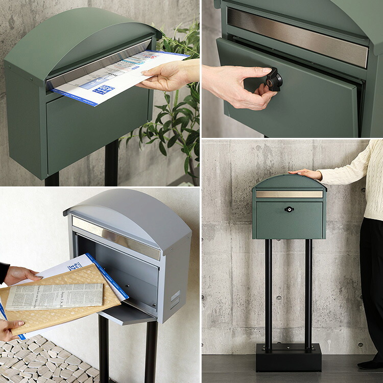 ガーデン エクステリア ポスト スタンドポスト 郵便ポスト 置き型 鍵付き 大容量 レターパック対応 ステンレス ガルバナイズド加工 防錆 アンカーボルト付 玄関 北欧 モダン おしゃれ クールグレー フォレストグリーン 工事不要 自立式 メールボックス 新生活