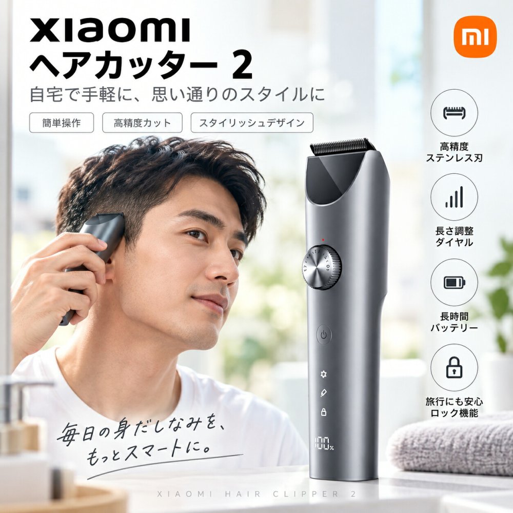 Xiaomi ヘアカッター 2 シャオミ バリカン 電動バリカン ヘアトリマー 充電式 コードレス IPX7 完全防水 水洗い Type-C 最大180分使用 デジタル残量表示 19段階 長さ調節 セルフカット 散髪 丸刈り 坊主 メンズ 子供 家庭用 充電しながら使用新生活【正規品/国内発送】