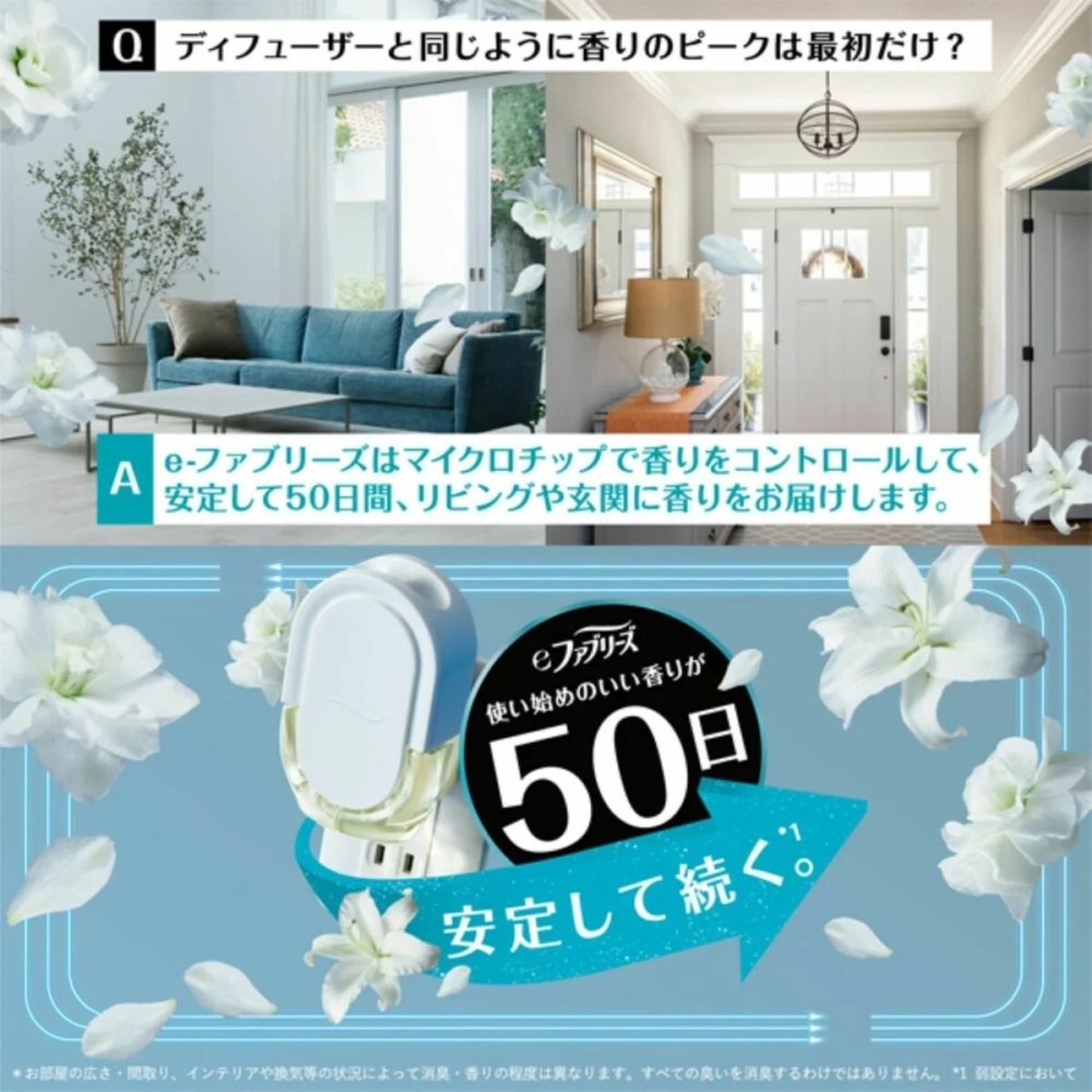 ファブリーズ eファブリーズ（プラグタイプ） お部屋用 ホワイトリリーの香り プラグ本体＋付け替え3個 (26mL×3) 50日間香り安定 最大5か月分 #78877 玄関 リビング 消臭芳香剤 コンセント式芳香剤