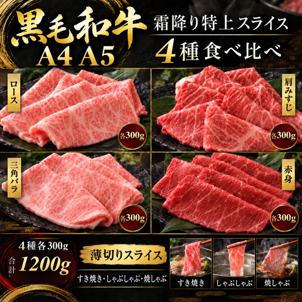 国産 黒毛和牛 A4 A5 薄切り4種 食べ比べ 1200g（400g×3パック） ロース 肩みすじ 三角バラ 赤身 肉ギフト