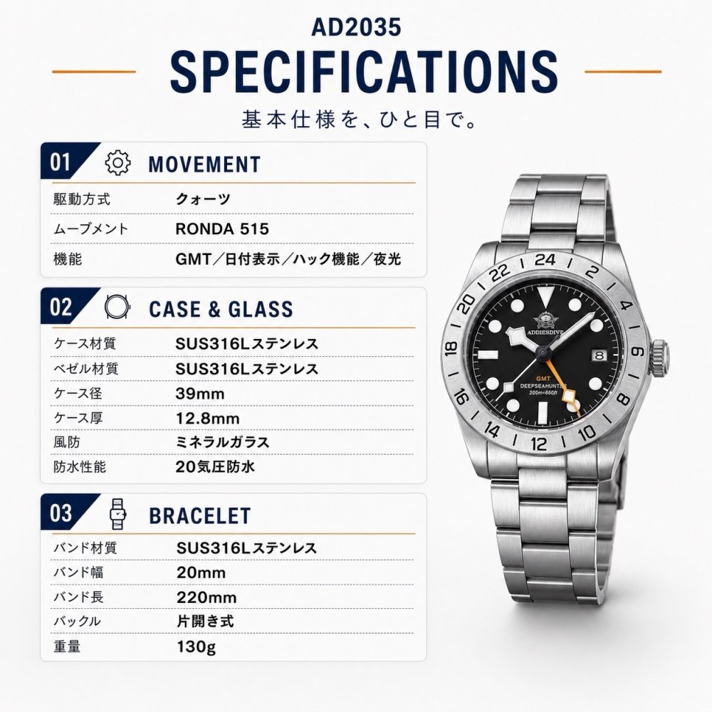ADDIESDIVE 腕時計 メンズ クォーツ GMT スイス製 RONDA 515 39mm 20気圧防水 SUS316L AD2035