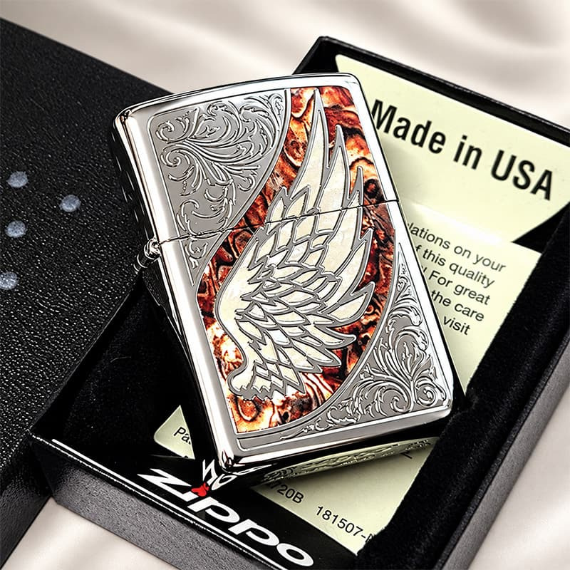 ZIPPO ウイング 天使の羽 ジッポ ライター マーブル ブラウン おしゃれ 翼 シルバー アラベスク 彫刻 茶 御守り メンズ レディース かっこいい ギフト プレゼント
